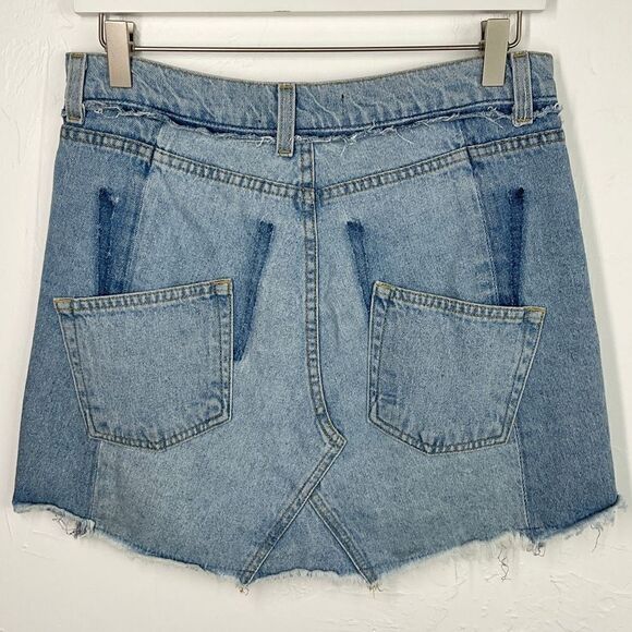 Reformation Blue Jigsaw Offset Pocket Raw Hem Denim Jean Mini Skirt 4 - Picture 5 of 7